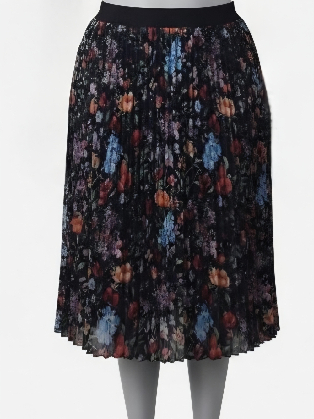 Metro Wear Black Floral Pleated Midi Skirt with Multicolor Blooms